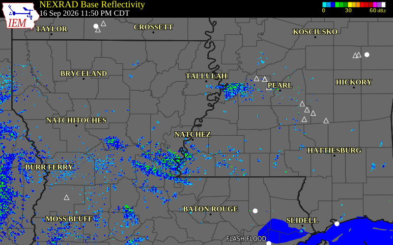 Current NEXRAD radar over Adams County, Mississippi with recent storm report locations