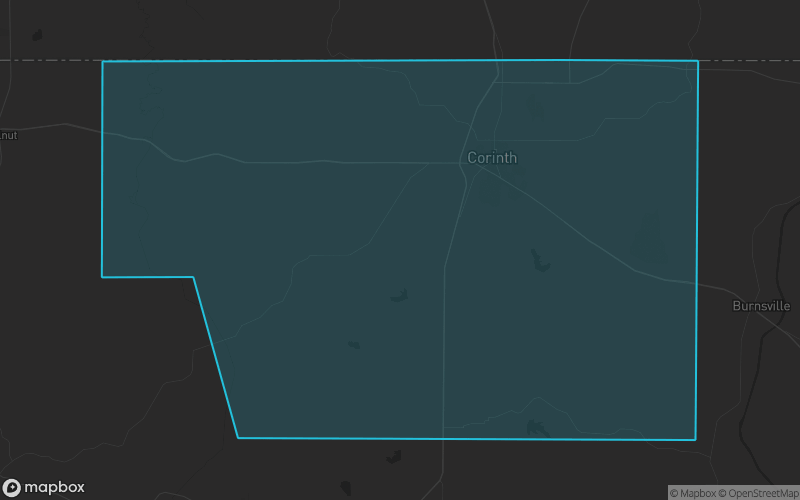 Map of Alcorn County, Mississippi showing the county boundary and surrounding cities