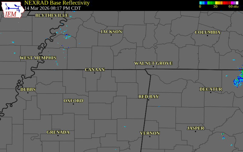 NEXRAD radar during the Saturday, March 14, 2026 storm activity in Alcorn County, Mississippi