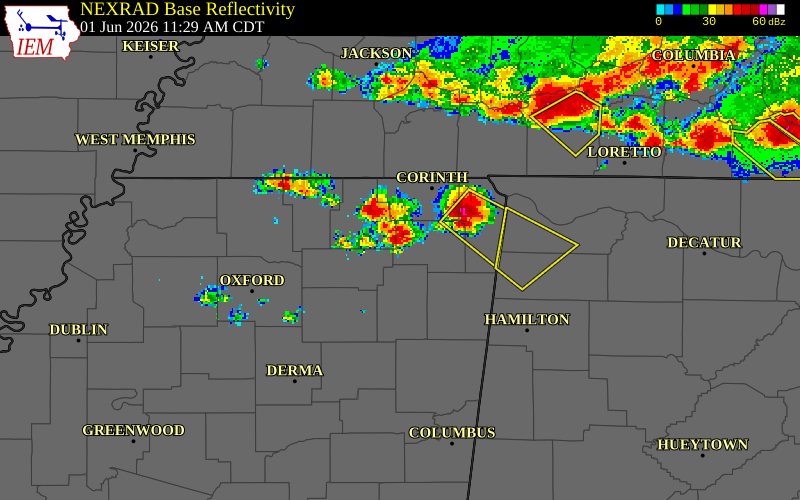 NEXRAD radar during the Monday, June 1, 2026 storm activity in Alcorn County, Mississippi