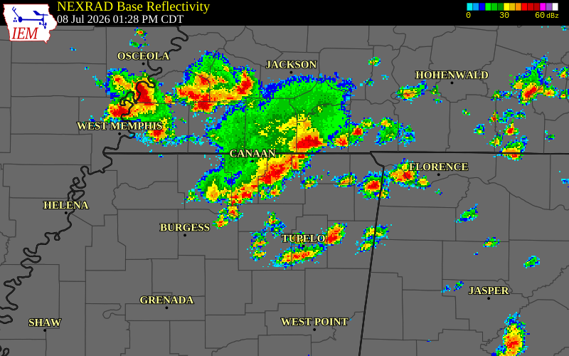 NEXRAD radar during the Wednesday, July 8, 2026 storm activity in Alcorn County, Mississippi