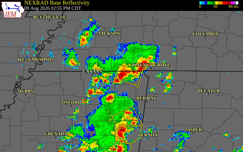 NEXRAD radar during the Sunday, August 9, 2026 storm activity in Alcorn County, Mississippi