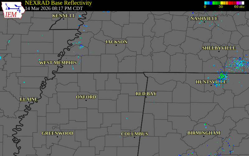 Radar snapshot during the Mar 14, 2026 tornado event near 1 NNE Kossuth, Alcorn County, Mississippi, with NWS warning polygons