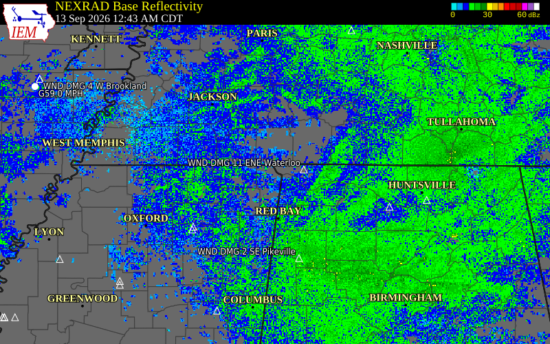 Current NEXRAD radar over Alcorn County, Mississippi with recent storm report locations
