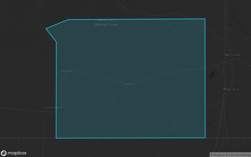 Map of Amite County, Mississippi showing the county boundary and surrounding cities