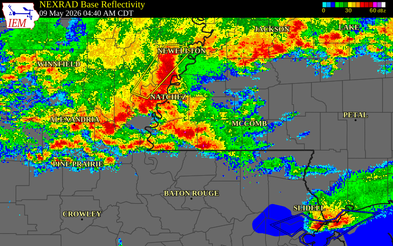 NEXRAD radar during the Saturday, May 9, 2026 storm activity in Amite County, Mississippi