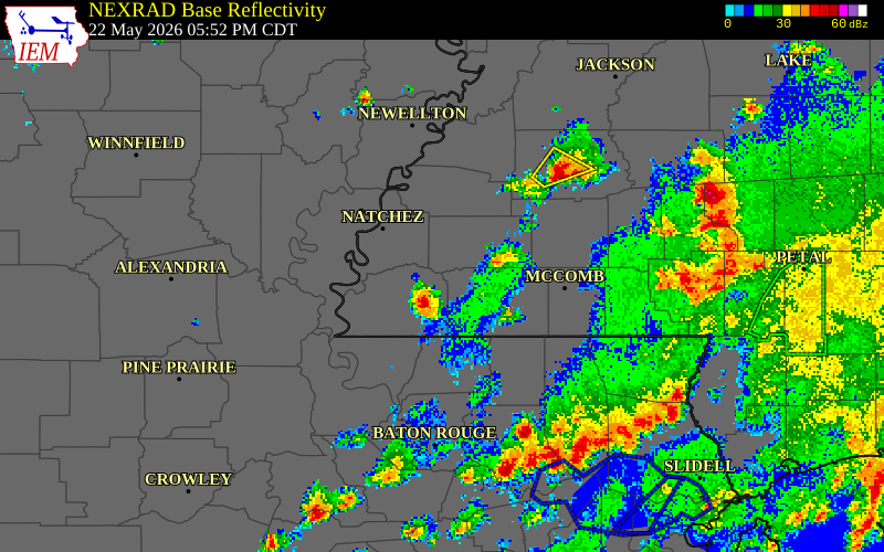 NEXRAD radar during the Friday, May 22, 2026 storm activity in Amite County, Mississippi