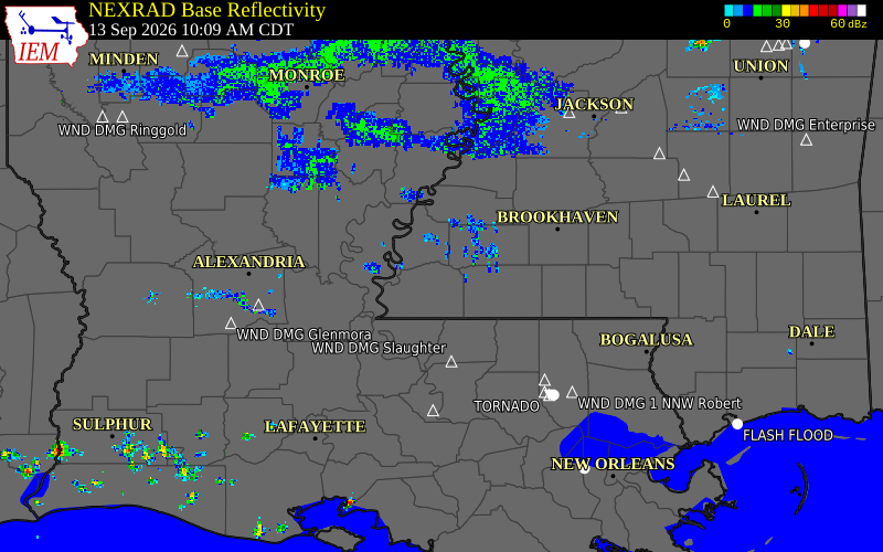 Current NEXRAD radar over Amite County, Mississippi with recent storm report locations