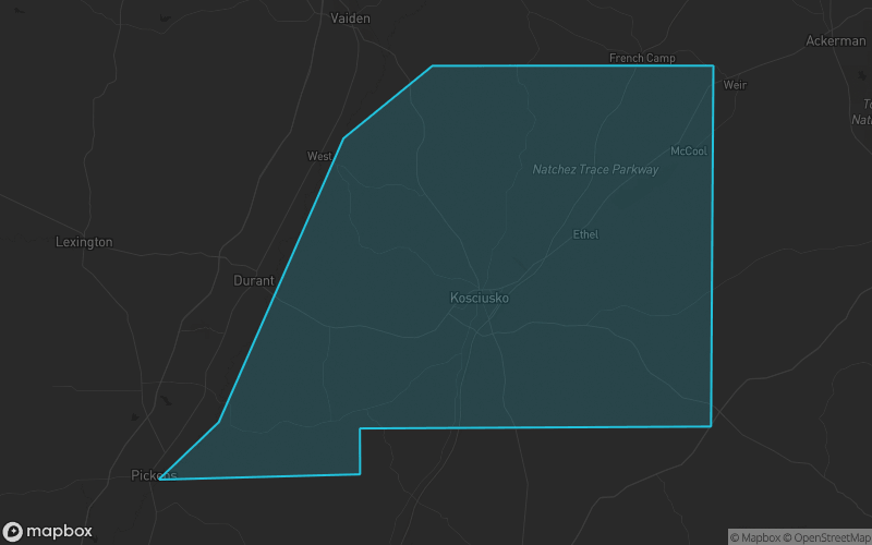 Map of Attala County, Mississippi showing the county boundary and surrounding cities