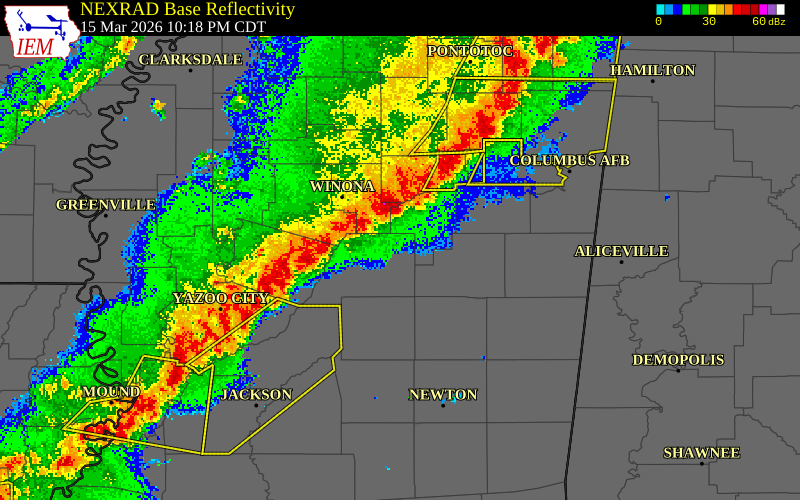 NEXRAD radar during the Sunday, March 15, 2026 storm activity in Attala County, Mississippi