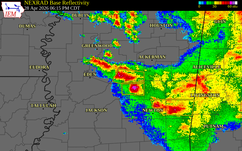 NEXRAD radar during the Tuesday, April 28, 2026 storm activity in Attala County, Mississippi