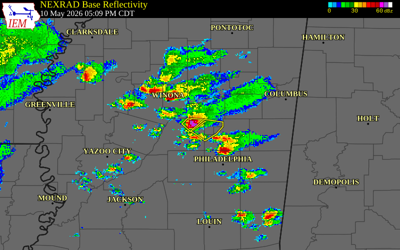 NEXRAD radar during the Sunday, May 10, 2026 storm activity in Attala County, Mississippi