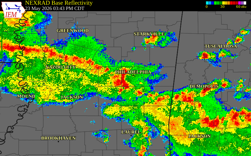 NEXRAD radar during the Saturday, May 23, 2026 storm activity in Attala County, Mississippi