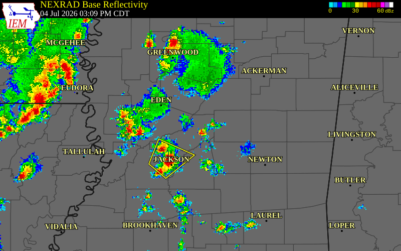 NEXRAD radar during the Saturday, July 4, 2026 storm activity in Attala County, Mississippi