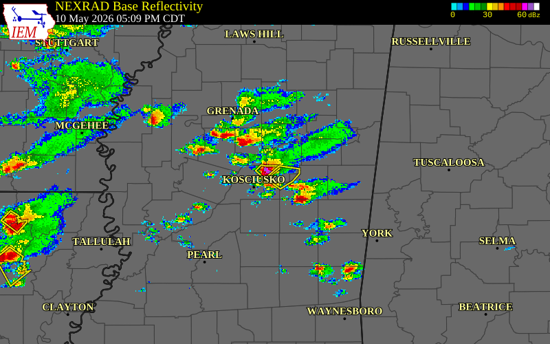 Radar snapshot during the May 10, 2026 hail event near 2 NW Mccool, Attala County, Mississippi, with NWS warning polygons