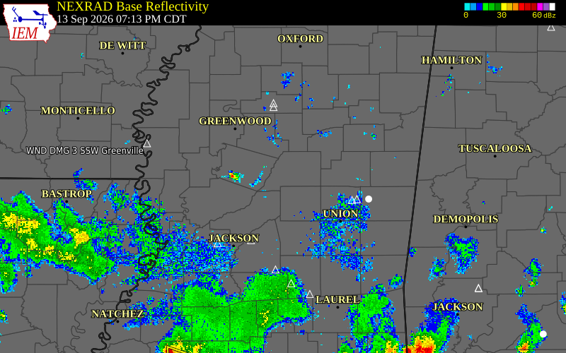 Current NEXRAD radar over Attala County, Mississippi with recent storm report locations