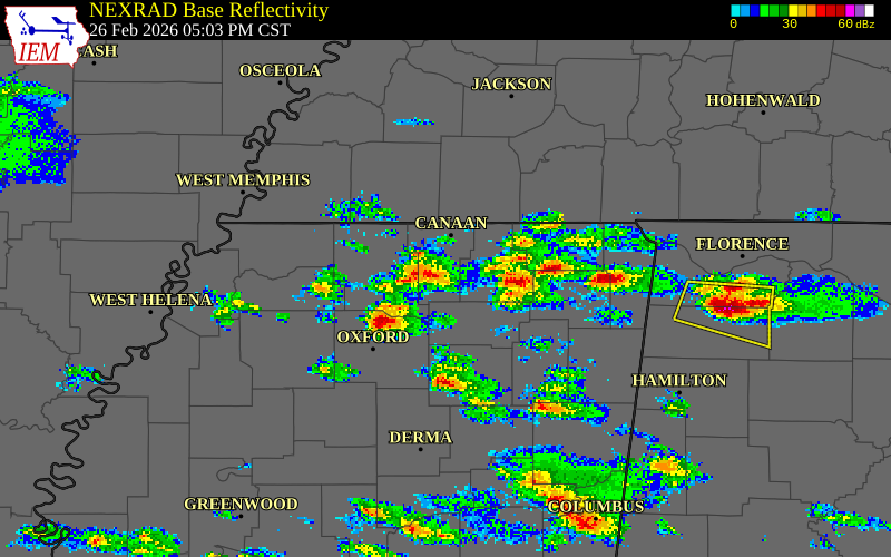 NEXRAD radar during the Thursday, February 26, 2026 storm activity in Benton County, Mississippi