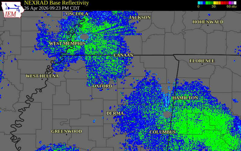 NEXRAD radar during the Sunday, April 26, 2026 storm activity in Benton County, Mississippi
