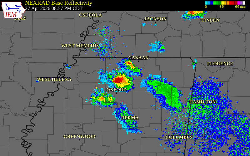 NEXRAD radar during the Monday, April 27, 2026 storm activity in Benton County, Mississippi