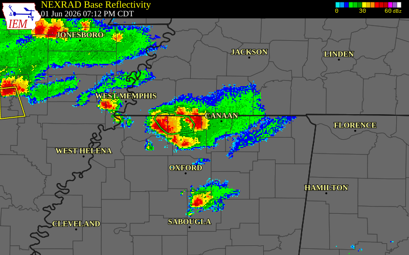 NEXRAD radar during the Monday, June 1, 2026 storm activity in Benton County, Mississippi
