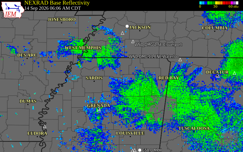 Current NEXRAD radar over Benton County, Mississippi with recent storm report locations
