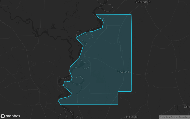 Map of Bolivar County, Mississippi showing the county boundary and surrounding cities