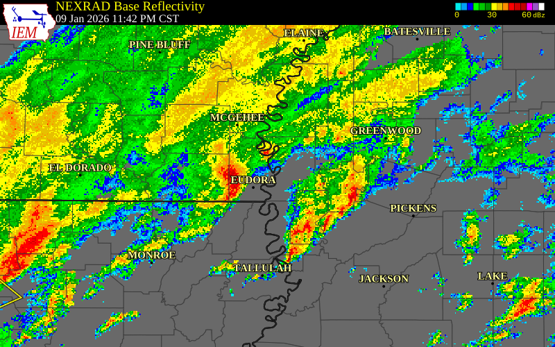 NEXRAD radar during the Friday, January 9, 2026 storm activity in Bolivar County, Mississippi