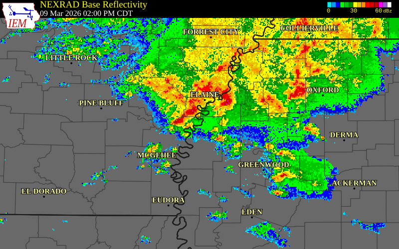 NEXRAD radar during the Monday, March 9, 2026 storm activity in Bolivar County, Mississippi
