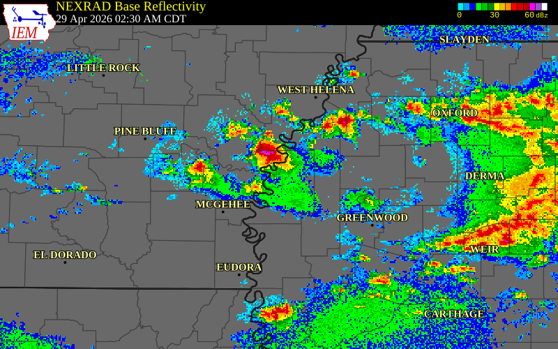 NEXRAD radar during the Wednesday, April 29, 2026 storm activity in Bolivar County, Mississippi