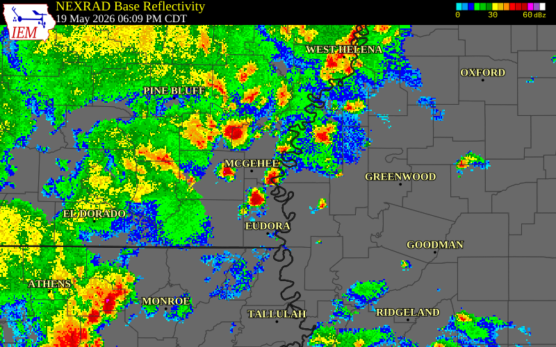 NEXRAD radar during the Tuesday, May 19, 2026 storm activity in Bolivar County, Mississippi