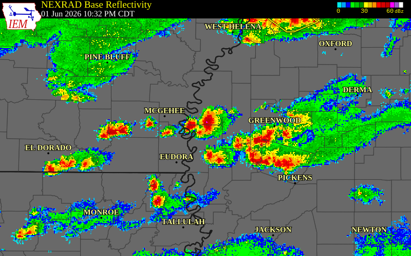 NEXRAD radar during the Monday, June 1, 2026 storm activity in Bolivar County, Mississippi
