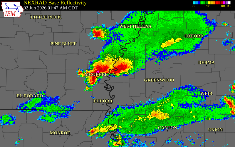 NEXRAD radar during the Tuesday, June 2, 2026 storm activity in Bolivar County, Mississippi