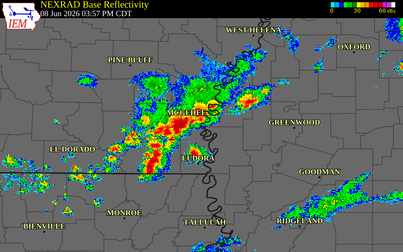 NEXRAD radar during the Monday, June 8, 2026 storm activity in Bolivar County, Mississippi