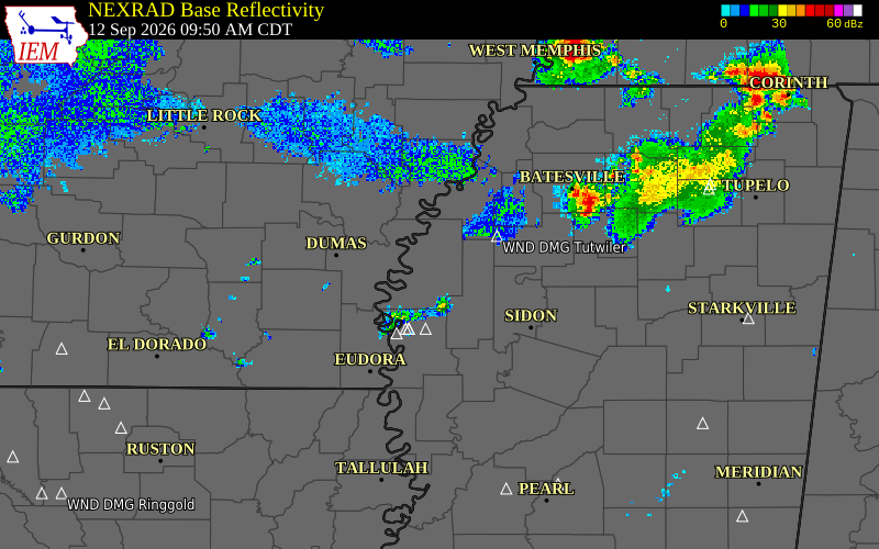 Current NEXRAD radar over Bolivar County, Mississippi with recent storm report locations