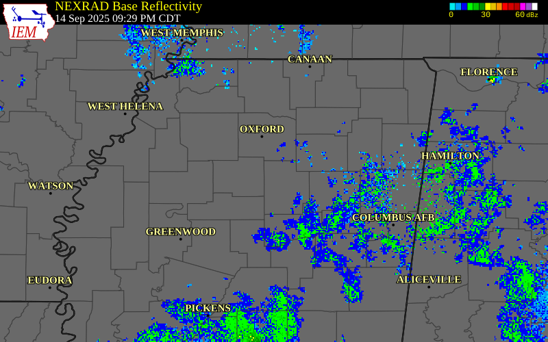 NEXRAD radar during the Sunday, September 14, 2025 storm activity in Calhoun County, Mississippi