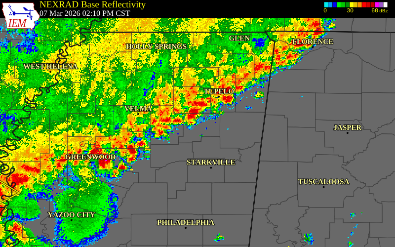 NEXRAD radar during the Saturday, March 7, 2026 storm activity in Calhoun County, Mississippi