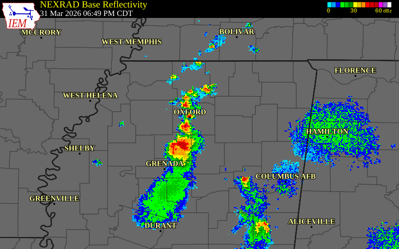 NEXRAD radar during the Tuesday, March 31, 2026 storm activity in Calhoun County, Mississippi