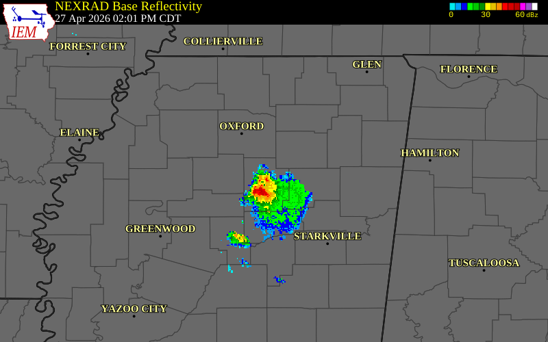 NEXRAD radar during the Monday, April 27, 2026 storm activity in Calhoun County, Mississippi