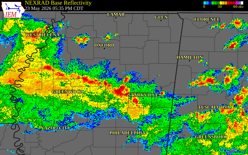 NEXRAD radar during the Saturday, May 23, 2026 storm activity in Calhoun County, Mississippi