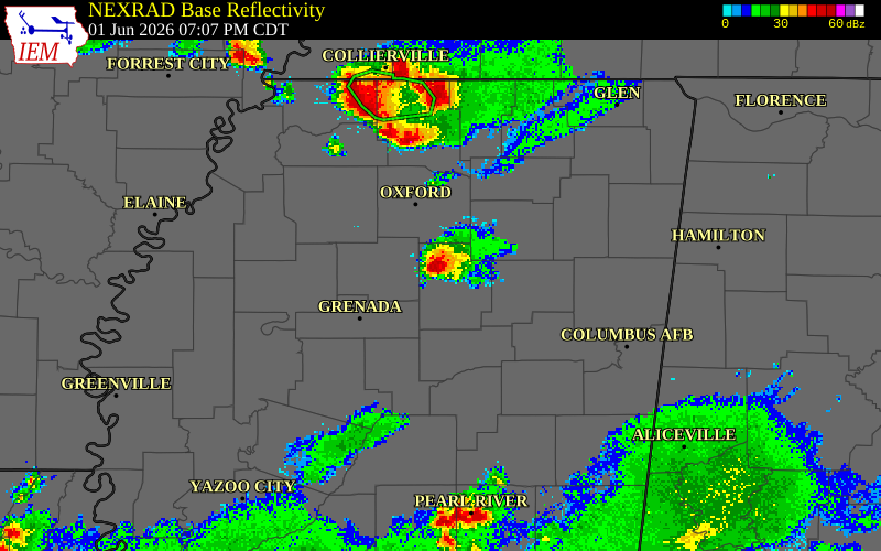 NEXRAD radar during the Monday, June 1, 2026 storm activity in Calhoun County, Mississippi