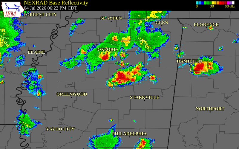 NEXRAD radar during the Saturday, July 4, 2026 storm activity in Calhoun County, Mississippi