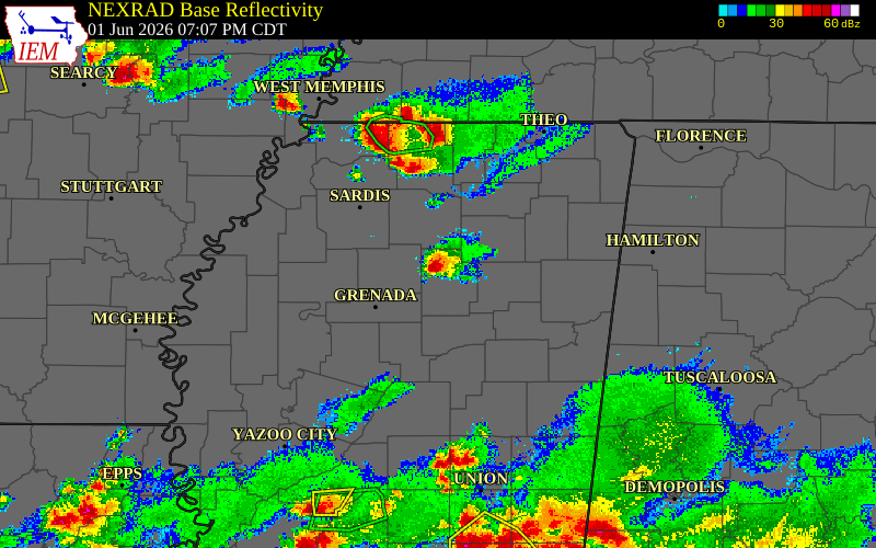 Radar snapshot during the Jun 1, 2026 hail event near Calhoun County, Calhoun County, Mississippi, with NWS warning polygons