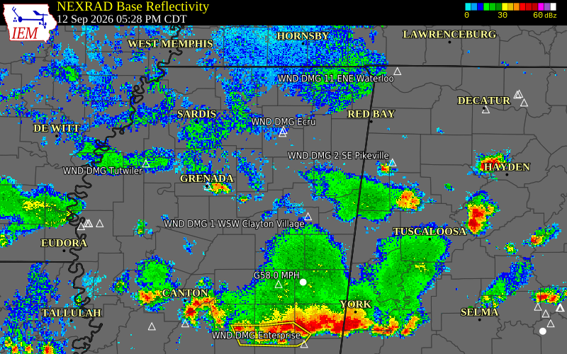 Current NEXRAD radar over Calhoun County, Mississippi with recent storm report locations