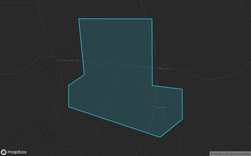 Map of Carroll County, Mississippi showing the county boundary and surrounding cities