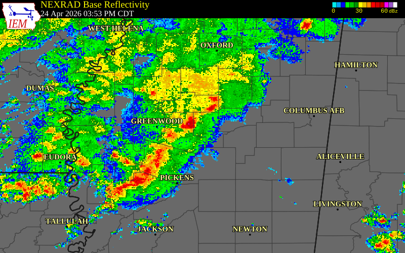 NEXRAD radar during the Friday, April 24, 2026 storm activity in Carroll County, Mississippi
