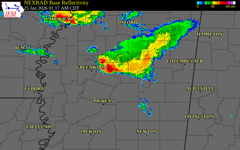 NEXRAD radar during the Thursday, June 25, 2026 storm activity in Carroll County, Mississippi