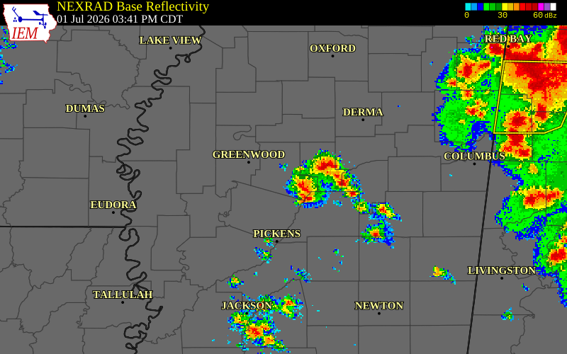 NEXRAD radar during the Wednesday, July 1, 2026 storm activity in Carroll County, Mississippi