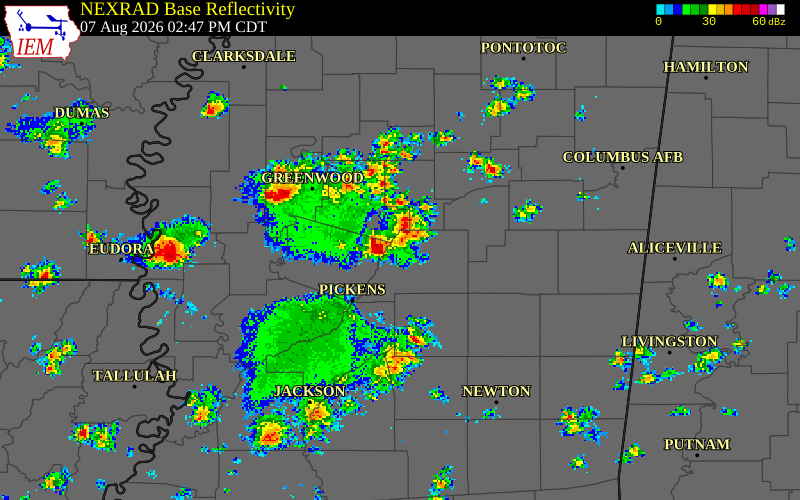 NEXRAD radar during the Friday, August 7, 2026 storm activity in Carroll County, Mississippi