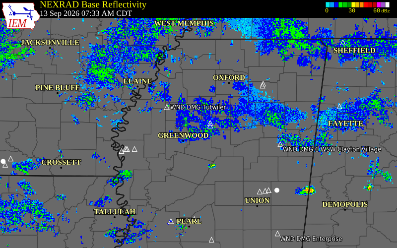 Current NEXRAD radar over Carroll County, Mississippi with recent storm report locations