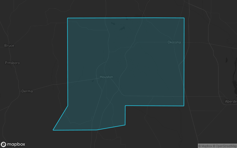 Map of Chickasaw County, Mississippi showing the county boundary and surrounding cities